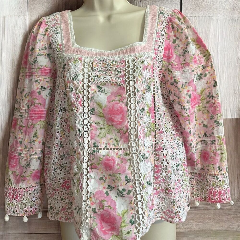 LoveShackFancy Romantic Eyelet Pink White Floral Square Neck Blouse Sleeve - Picture 3 of 12